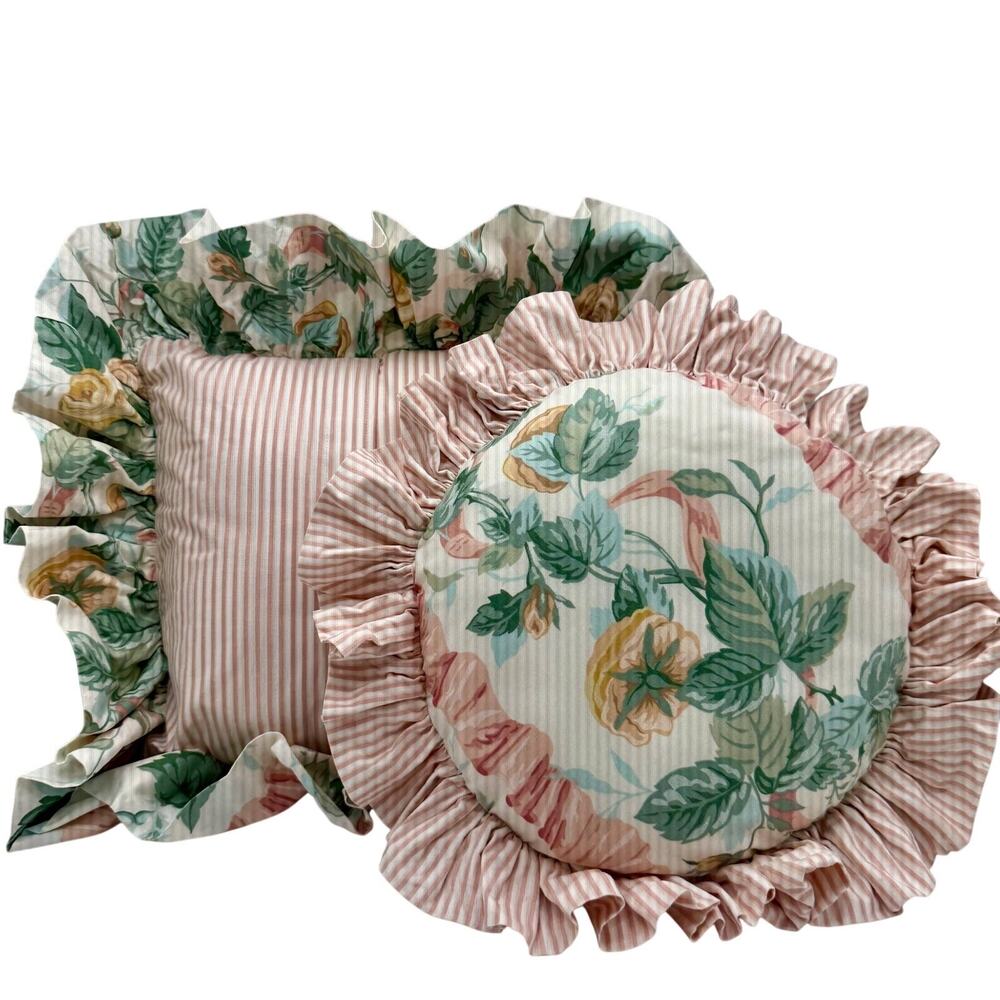 Vintage Cotton Sateen Floral Ruffle‎ Pillow Set Pink Stripe Round Cottage Accent - Picture 2 of 8